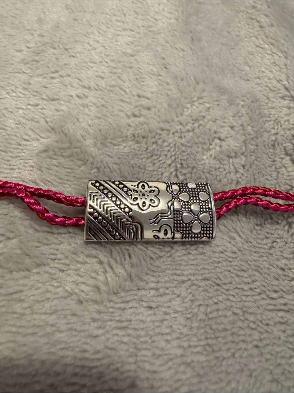 Kenzo Silver-Tone Engraved Slide on Bright Pink Cord